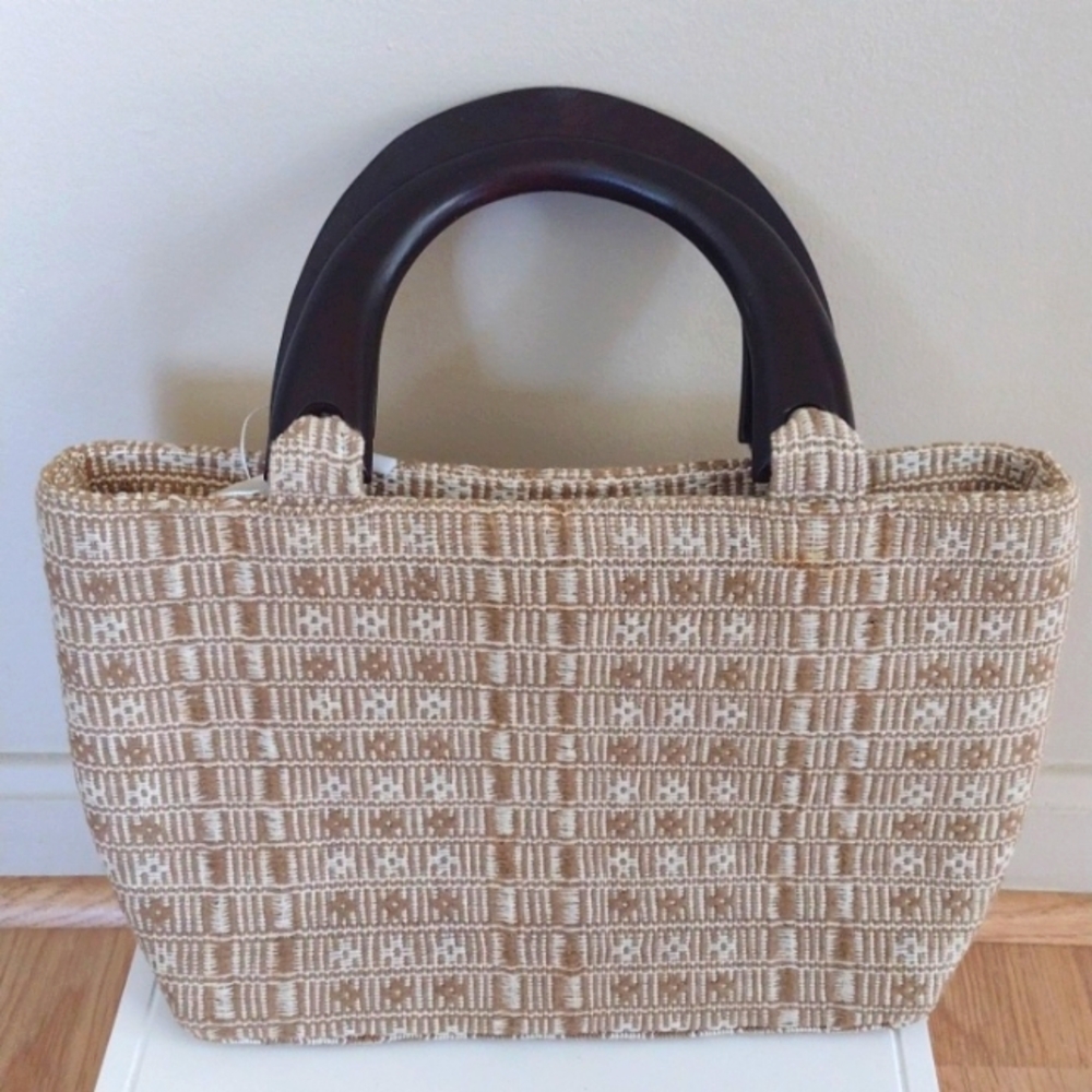 Woven Handbag Dark Wood Handles from Thailand Vintage NWT